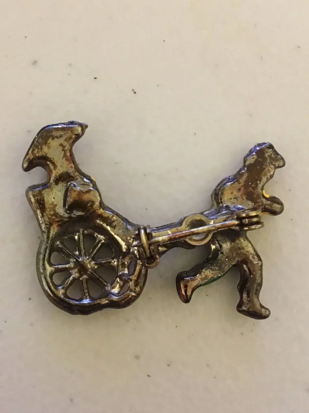 Vintage Rickshaw Pin Brooch Painted Silver Metal Taxi Man Pulling Woman Lapel